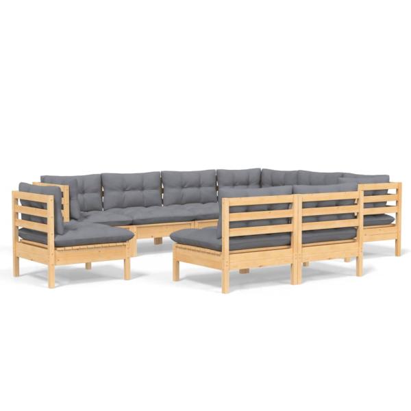 9-tlg. Garten-Lounge-Set mit Grauen Kissen Kiefer Massivholz