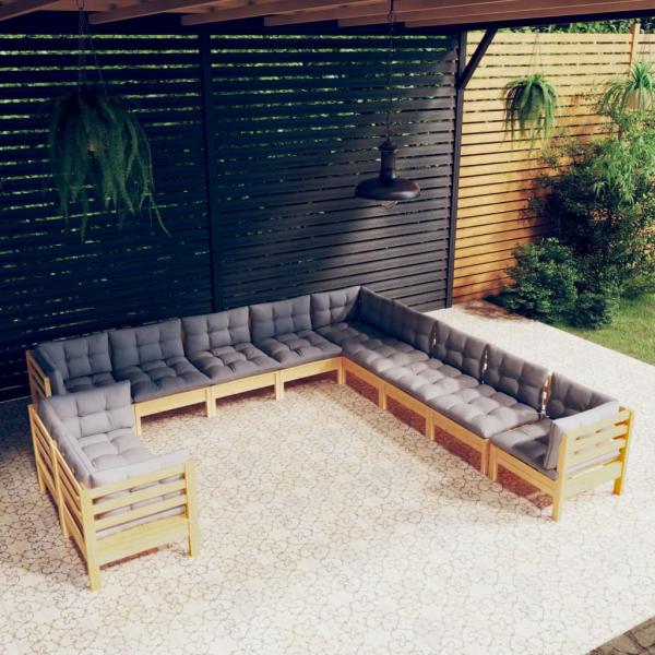 ARDEBO.de - 11-tlg. Garten-Lounge-Set mit Grauen Kissen Massivholz Kiefer