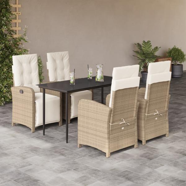 ARDEBO.de - 5-tlg. Garten-Essgruppe mit Kissen Beige Poly Rattan
