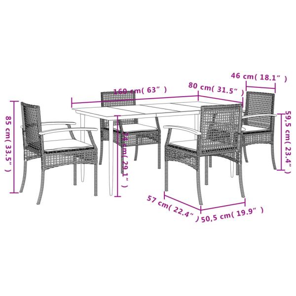5-tlg. Garten-Essgruppe mit Kissen Grau Poly Rattan