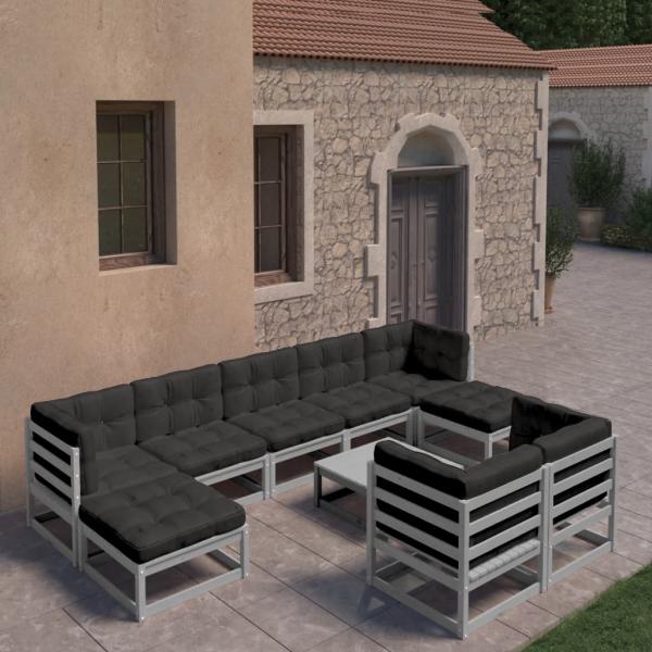 ARDEBO.de - 10-tlg. Garten-Lounge-Set mit Kissen Grau Massivholz Kiefer