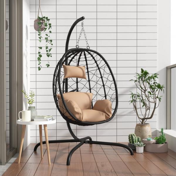 ARDEBO.de - Hängesessel Ei mit Kissen Taupe Poly Rattan & Stahl