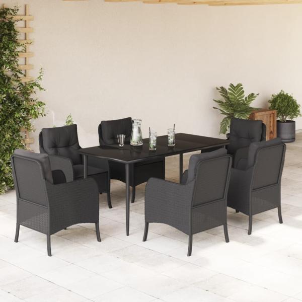 ARDEBO.de - 7-tlg. Garten-Essgruppe mit Kissen Schwarz Poly Rattan