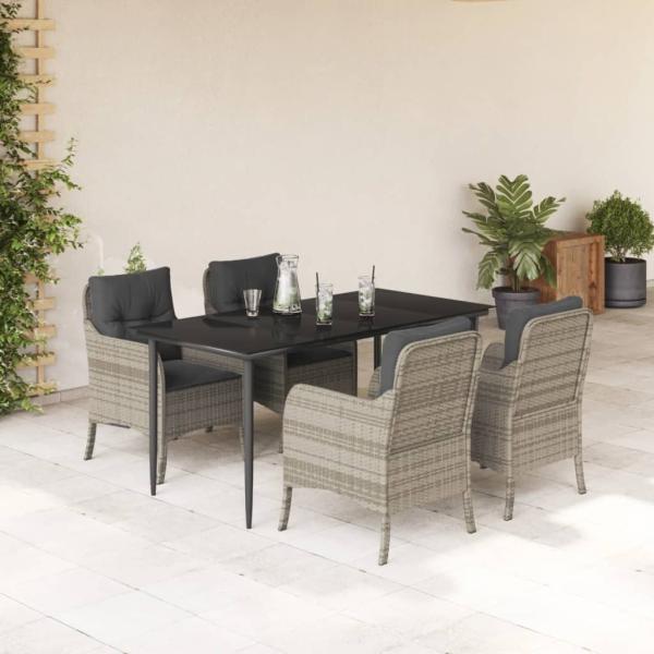 ARDEBO.de - 5-tlg. Garten-Essgruppe mit Kissen Hellgrau Poly Rattan