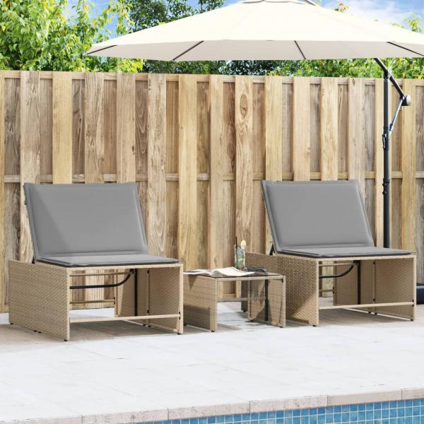 ARDEBO.de - Sonnenliegen 2 Stk. mit Tisch Beige Poly Rattan