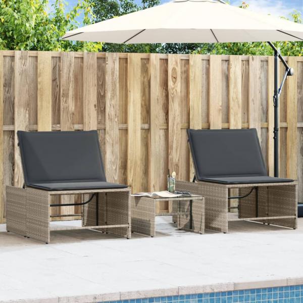 ARDEBO.de - Sonnenliegen 2 Stk. mit Tisch Hellgrau Poly Rattan