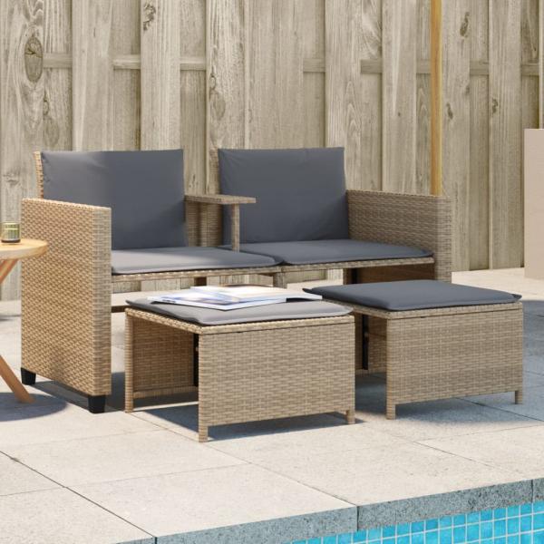 ARDEBO.de - Gartensofa 2-Sitzer mit Tisch und Hockern Beige Poly Rattan