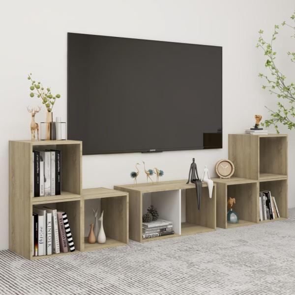 ARDEBO.de - 6-tlg. TV-Schrank-Set Weiß Sonoma-Eiche Holzwerkstoff