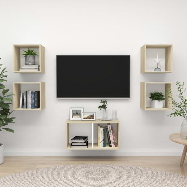 ARDEBO.de - 5-tlg. TV-Schrank-Set Weiß Sonoma-Eiche Holzwerkstoff