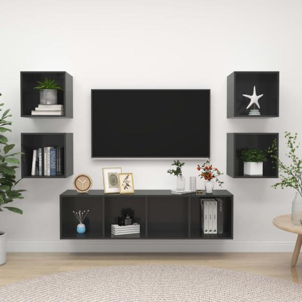 ARDEBO.de - 5-tlg. TV-Schrank-Set Hochglanz-Grau Holzwerkstoff