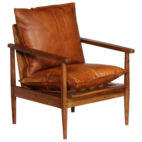 Sessel Braun Echtleder mit Akazienholz  