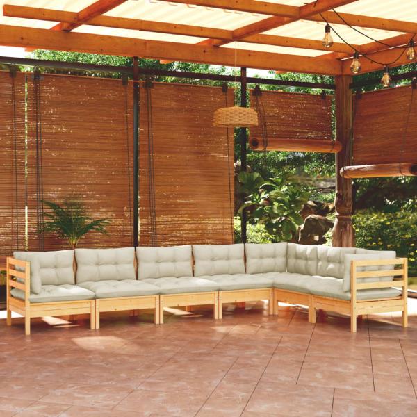 ARDEBO.de - 7-tlg. Garten-Lounge-Set mit Creme Kissen Massivholz Kiefer