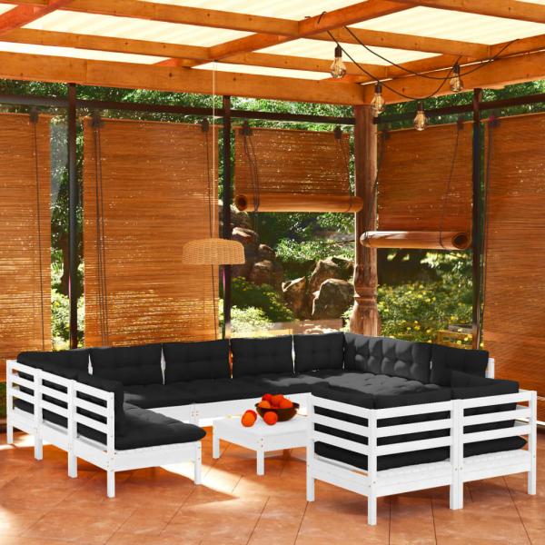 ARDEBO.de - 12-tlg. Garten-Lounge-Set mit Kissen Weiß Kiefer Massivholz