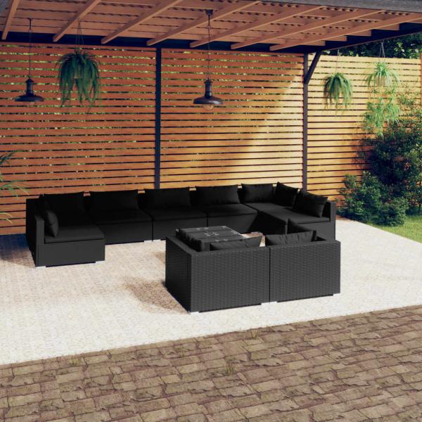 ARDEBO.de - 10-tlg. Garten-Lounge-Set mit Kissen Schwarz Poly Rattan