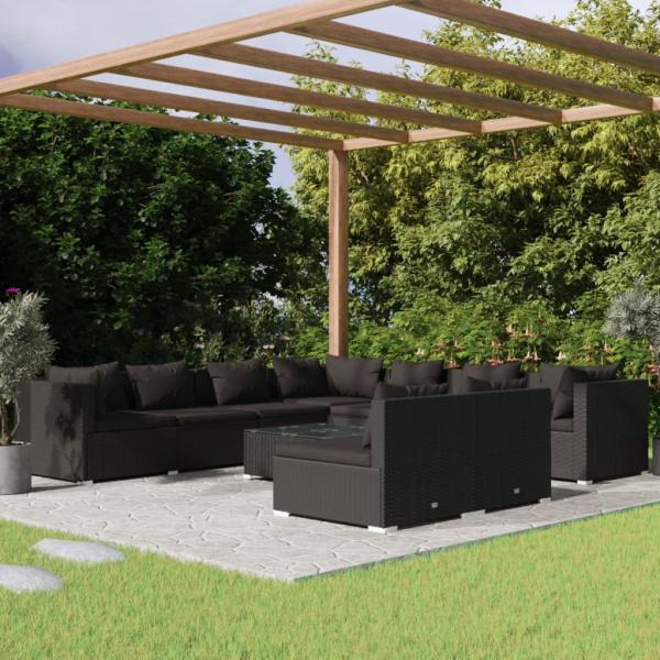 ARDEBO.de - 10-tlg. Garten-Lounge-Set mit Kissen Schwarz Poly Rattan