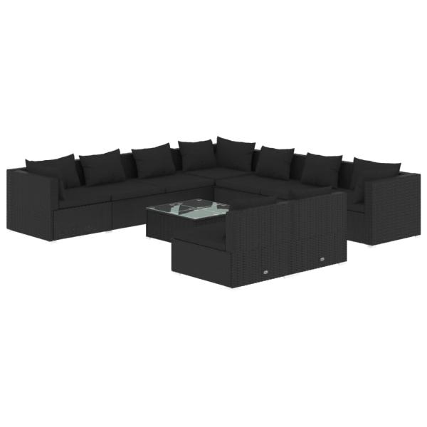 10-tlg. Garten-Lounge-Set mit Kissen Schwarz Poly Rattan