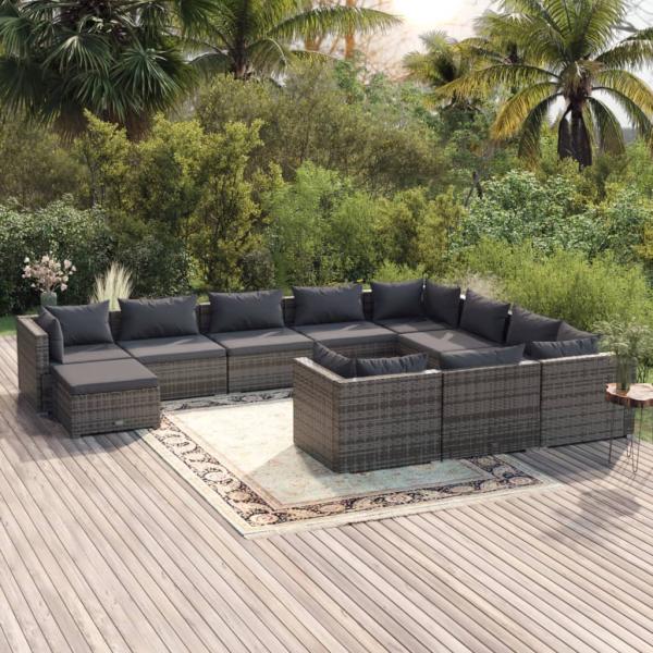 ARDEBO.de - 11-tlg. Garten-Lounge-Set mit Kissen Poly Rattan Grau