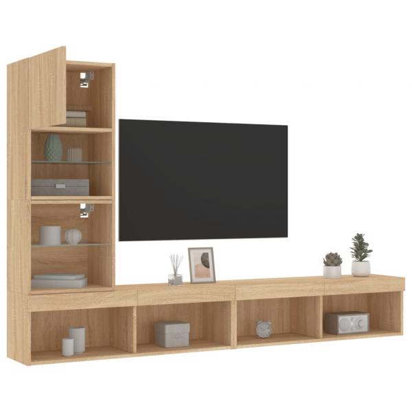 ARDEBO.de - 4-tlg. Wohnwand mit LED-Beleuchtung Sonoma-Eiche Holzwerkstoff