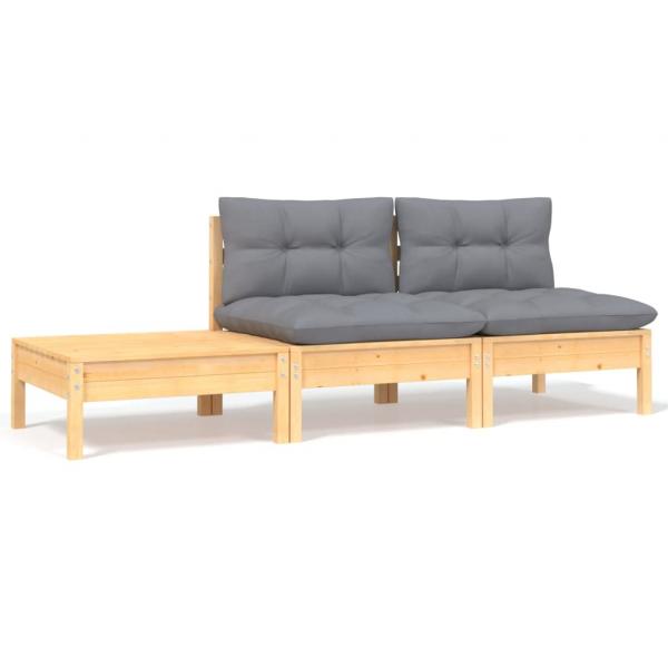 ARDEBO.de - 3-tlg. Garten-Lounge-Set mit Kissen Grau Kiefer Massivholz 