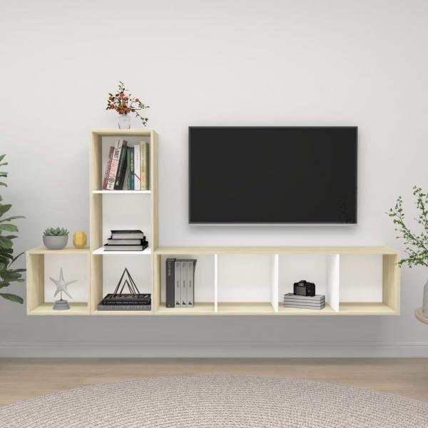 ARDEBO.de - 3-tlg. TV-Schrank-Set Weiß Sonoma-Eiche Holzwerkstoff