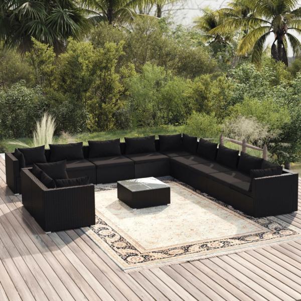 ARDEBO.de - 12-tlg. Garten-Lounge-Set mit Kissen Schwarz Poly Rattan