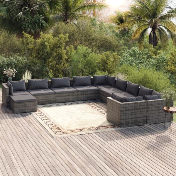 ARDEBO.de - 11-tlg. Garten-Lounge-Set mit Kissen Poly Rattan Grau