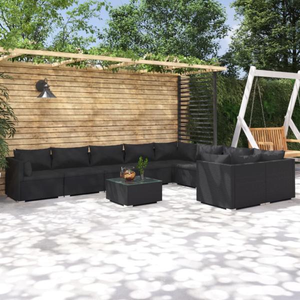 ARDEBO.de - 10-tlg. Garten-Lounge-Set mit Kissen Poly Rattan Schwarz