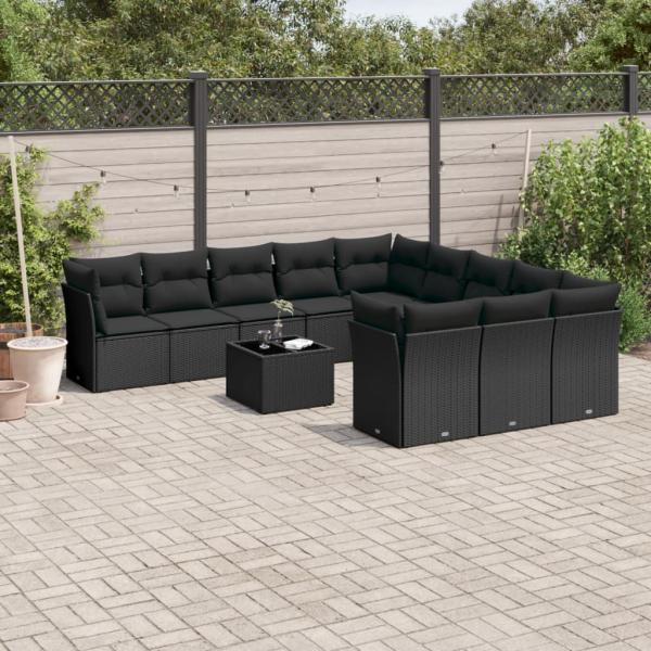 ARDEBO.de - 12-tlg. Garten-Sofagarnitur mit Kissen Schwarz Poly Rattan