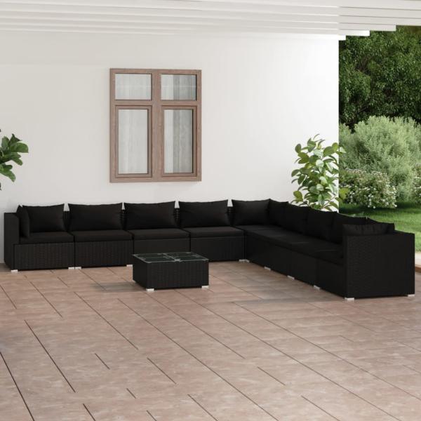 ARDEBO.de - 10-tlg. Garten-Lounge-Set mit Kissen Poly Rattan Schwarz