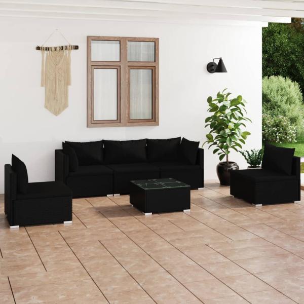 ARDEBO.de - 6-tlg. Garten-Lounge-Set mit Kissen Poly Rattan Schwarz