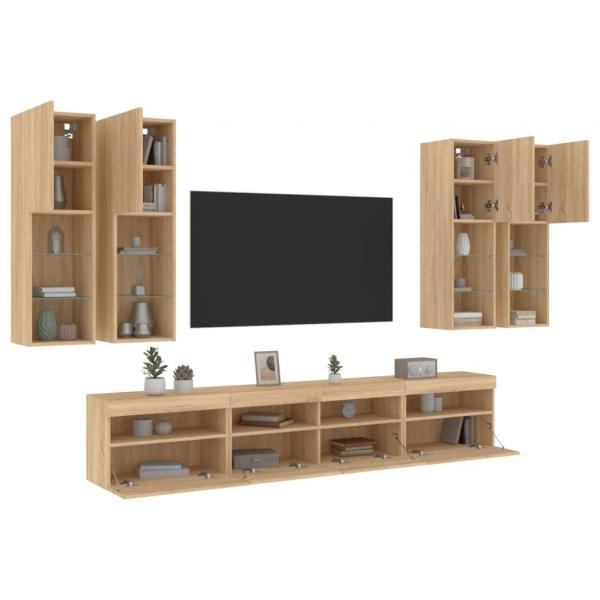 ARDEBO.de - 7-tlg. TV-Wohnwand mit LED-Leuchten Sonoma-Eiche