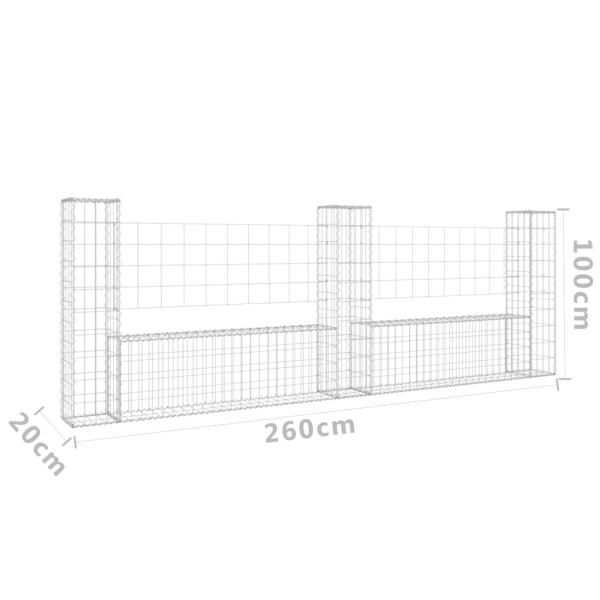 Gabionenkorb U-Form mit 3 Säulen Eisen 260x20x100 cm