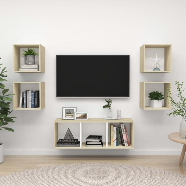 ARDEBO.de - 5-tlg. TV-Schrank-Set Weiß Sonoma-Eiche Holzwerkstoff