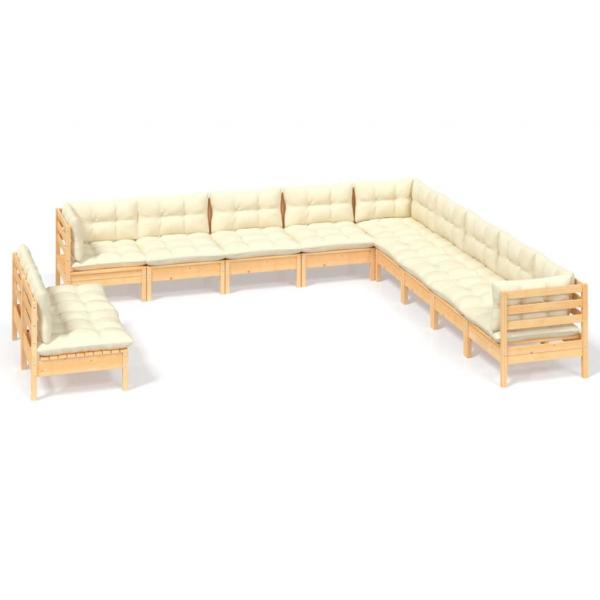 ARDEBO.de - 11-tlg. Garten-Lounge-Set mit Creme Kissen Massivholz Kiefer