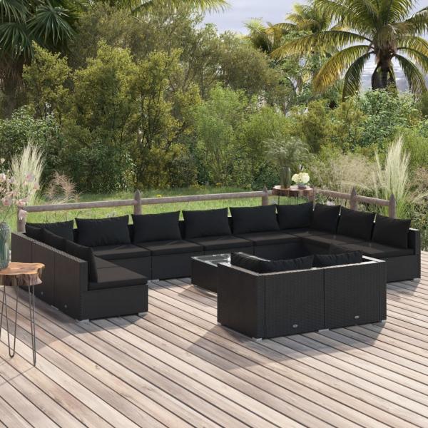 ARDEBO.de - 13-tlg. Garten-Lounge-Set mit Kissen Schwarz Poly Rattan
