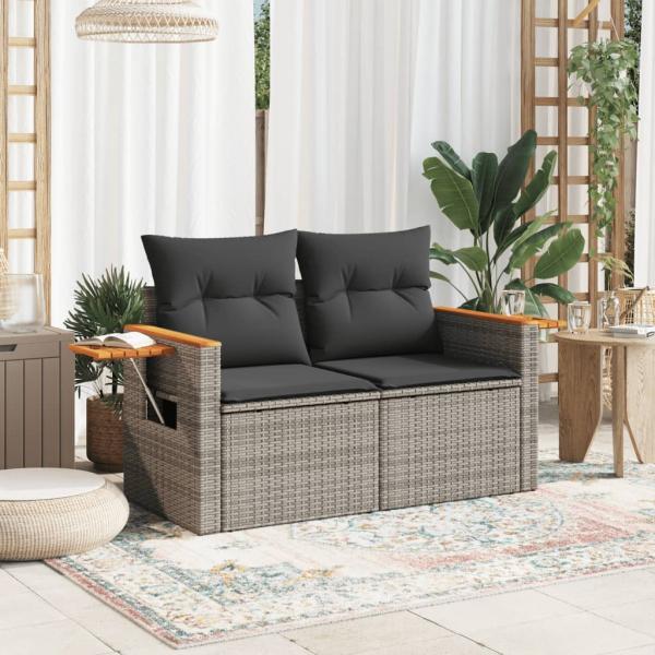 Gartensofa 2-Sitzer mit Kissen Grau Poly Rattan