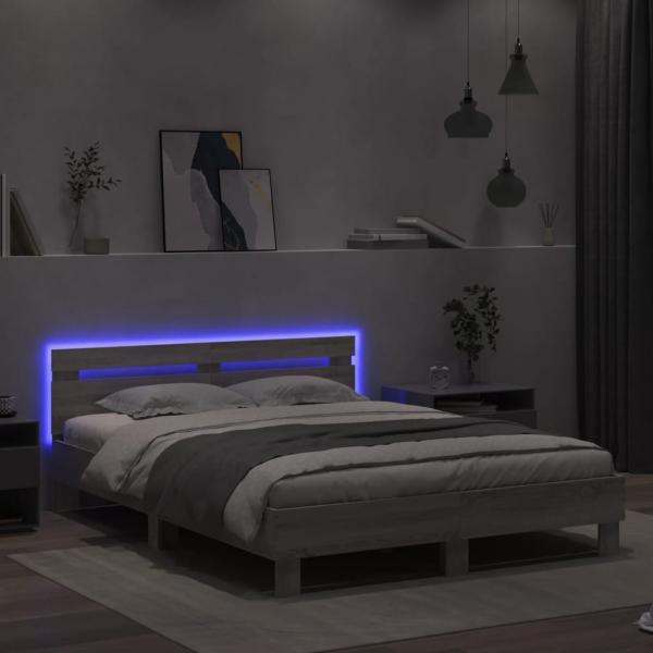 Bettgestell mit Kopfteil LED-Beleuchtung Grau Sonoma 140x200 cm