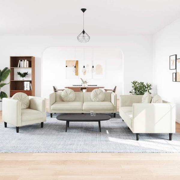 ARDEBO.de - 3-tlg. Sofagarnitur mit Kissen Creme Samt