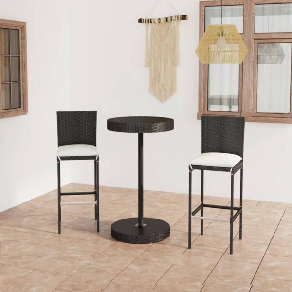 ARDEBO.de - 3-tlg. Gartenbar-Set mit Kissen Poly Rattan Schwarz