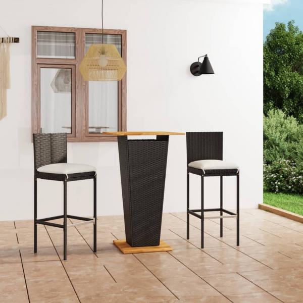 ARDEBO.de - 3-tlg. Gartenbar-Set mit Kissen Poly Rattan Schwarz
