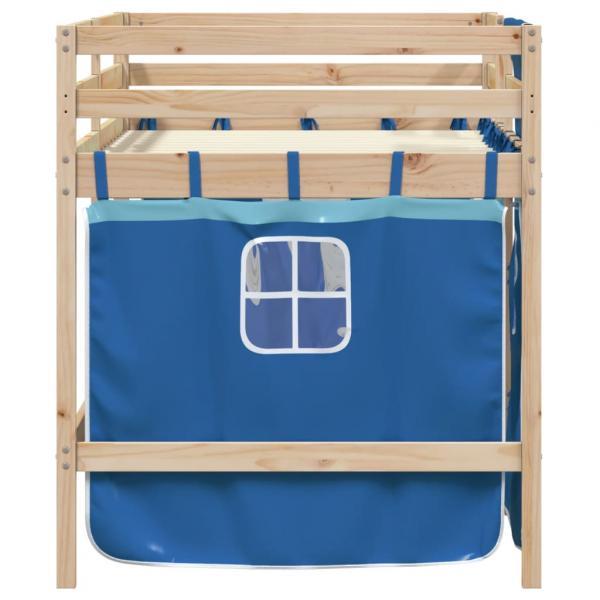 Kinderhochbett mit Vorhängen Blau 90x200 cm Massivholz Kiefer