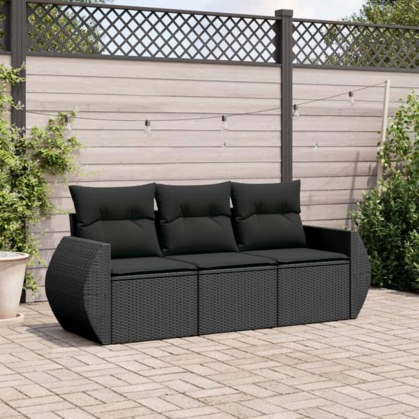 ARDEBO.de - 3-tlg. Garten-Sofagarnitur mit Kissen Schwarz Poly Rattan