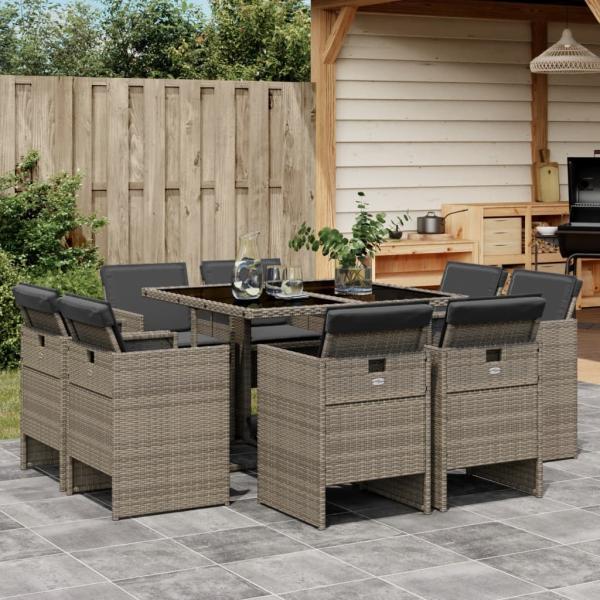 ARDEBO.de - 9-tlg. Garten-Essgruppe mit Kissen Grau Poly Rattan