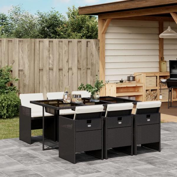 ARDEBO.de - 7-tlg. Garten-Essgruppe mit Kissen Schwarz Poly Rattan
