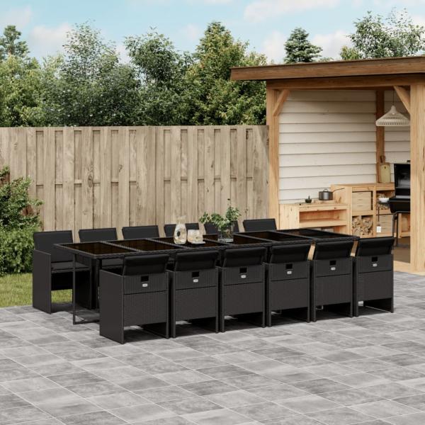 ARDEBO.de - 13-tlg. Garten-Essgruppe mit Kissen Schwarz Poly Rattan