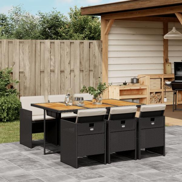 ARDEBO.de - 7-tlg. Garten-Essgruppe mit Kissen Schwarz Poly Rattan