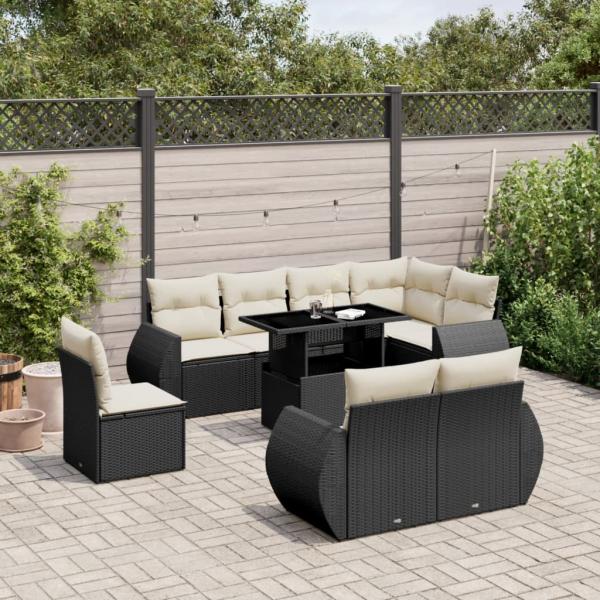 ARDEBO.de - 9-tlg. Garten-Sofagarnitur mit Kissen Schwarz Poly Rattan