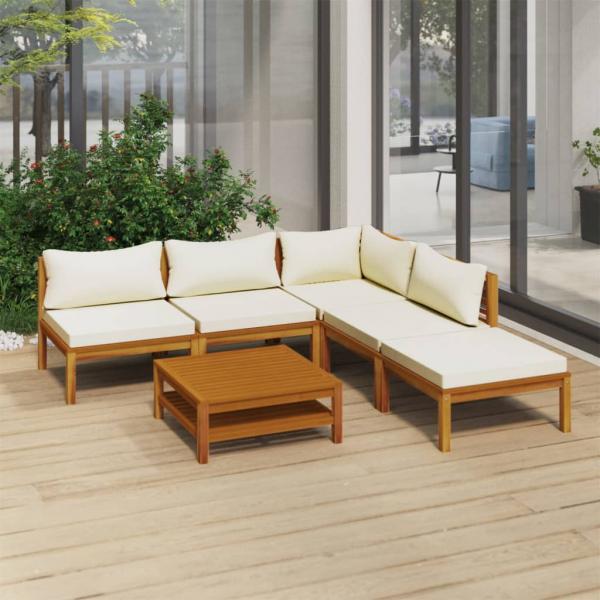 ARDEBO.de - 6-tlg. Garten-Lounge-Set mit Creme Kissen Massivholz Akazie