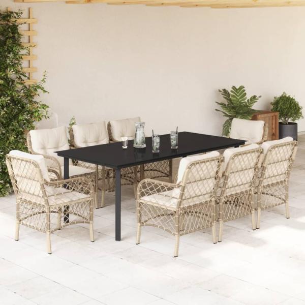 ARDEBO.de - 9-tlg. Garten-Essgruppe mit Kissen Beige Poly Rattan