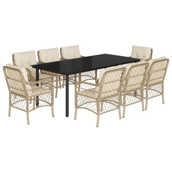 9-tlg. Garten-Essgruppe mit Kissen Beige Poly Rattan
